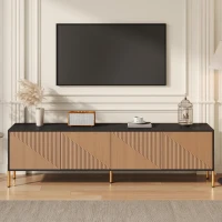 Modern TV Cabinet with Spacious Fully Enclosed Media Storage, Handle-Free 4-Door TV Stand with Slim Metal Legs, 70.5'' L x 14'' W x 21'' H, Black(m-7)