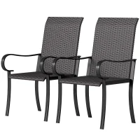 Outsunny Set of 2 Outdoor Wicker Dining Chairs with Armrest, Steel Frame, High Back and Deep Seating, Brown(m-1)