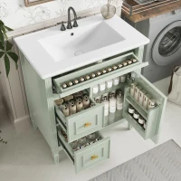 Spacious Vanity with Tip-Out Top Drawer and 2 Left-Side Drawers, Ideal Cabinet for Small-To-Medium Bathrooms, 30" L x 18.5" W x 33.5" H, Green(m-9)