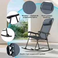 Outsunny 3pc Patio Rocking Chair Set, Folding Outdoor Rocking Chairs and Table Bistro Set w/ Breathable Mesh Seat & Backrest, Headrest for Park, Backyard, Garden, Grey(m-5)