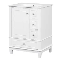 Spacious Bathroom Vanity with 3 Drawers and One-Door Cabinet, Freestanding Cabinet for Small Bathrooms, 24" L x 18.5" W x 34" H, White(m-14)
