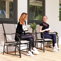 Outsunny Double Patio Glider Chair with Glass Top Center Table, Outdoor Glider Loveseat with High Back,  All Weather Breathable Mesh Fabric for Garden, Backyard, Deck, Beige(m-1)
