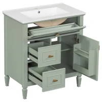 Spacious Vanity with Tip-Out Top Drawer and 2 Left-Side Drawers, Ideal Cabinet for Small-To-Medium Bathrooms, 30" L x 18.5" W x 33.5" H, Green(m-15)