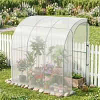 Outsunny 7' x 4' x 7' Outdoor Lean to Greenhouse, Walk-In Green House Plant Nursery with Roll-up Window, PE Cover, White(m-8)