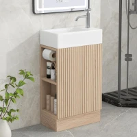 Practical Bathroom Vanity with 2-Tier Shelves and Toilet Paper Holder, Compact Cabinet for Small Bathrooms, 18.5" L x 10.5" W x 33" H, Natural Wood(m-1)