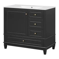 Spacious Bathroom Vanity with 3 Drawers and One-Door Cabinet, Freestanding Cabinet for Small Bathrooms, 36" L x 18.5" W x 33.5" H, Black(m-14)