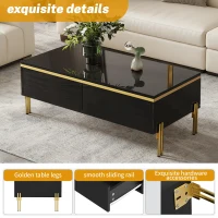 Modern High-Gloss Coffee Table with Hidden Dual Drawers, Stain-Resistant Center Table with Metal Legs, 39.5'' L x 19.5'' W x 14'' H, Black(m-5)