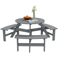 Outsunny 6 Person Round Picnic Table Bench Set with Umbrella Hole, Wood Patio Table with 3 Built-in Benches for Garden, Deck, Backyard, Grey(m-9)