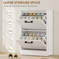 HOMCOM Shoe Cabinet 2 Flip Drawers Narrow Shoe Storage Unit Adjustable Dividers Entryway Hallway White(m-4)