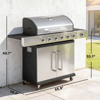 Outsunny 6 Burner Propane Gas Grill with Side Burner, Barbecue Grill with Cast Iron Grates, Wheels, Side Tables, Cabinet(m-3)