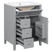 Sleek Bathroom Vanity with Tip-Out Top Drawer and 3 Pull-Out Drawers, Stylish Cabinet with Freestanding Design, 24" L x 18.5" W x 34" H, Gray(m-14)