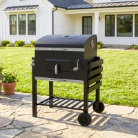 Outsunny Charcoal BBQ Grill and Smoker Combo Outdoor Portable Trolley Camping Picnic Backyard with Side Shelf, Black(m-9)