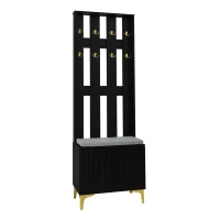 Coat Rack and Shoe Bench Set with Cushioned Seat and Adjustable Shelves, Entry Storage Unit with Wave-Panel Doors, 21.5'' L x 14'' W x 68.5'' H, Black(m-10)