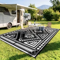 Outsunny Reversible Outdoor Rug, Waterproof Plastic Straw with Carry Bag, 9' x 18', Black & White Square Patchwork(m-10)