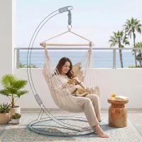 Outsunny Hammock Chair Swing Hanging Macrame Chair Cotton w/ Two Soft Seat Cushions, for Bedroom Indoor Outdoor Ideal Gift for Kids Lover Birthday Present White(m-9)