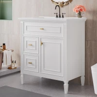 Spacious Vanity with Tip-Out Top Drawer and 2 Left-Side Drawers, Ideal Cabinet for Small-To-Medium Bathrooms, 30" L x 18.5" W x 33.5" H, White(m-1)