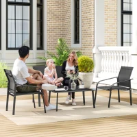 Outsunny 4 Piece Patio Furniture Set, Outdoor Conversation Set with Deep Seat, Loveseats, Armchairs, Glass-Top Table, Black(m-1)