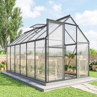 Outsunny 6' x 12' x 6.5' Polycarbonate Greenhouse, Walk-in Green House with Aluminum Frame Adjustable Roof Vent Galvanized Base Sliding Door Rain Gutter for Outdoor Garden, Grey(m-8)