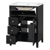 Sleek Bathroom Vanity with Tip-Out Top Drawer and 3 Pull-Out Drawers, Stylish Cabinet with Freestanding Design, 24" L x 18.5" W x 34" H, Black(m-15)