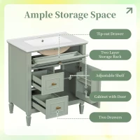Spacious Vanity with Tip-Out Top Drawer and 2 Left-Side Drawers, Ideal Cabinet for Small-To-Medium Bathrooms, 30" L x 18.5" W x 33.5" H, Green(m-6)