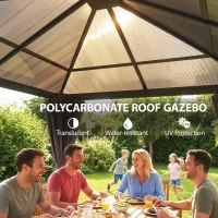 Outsunny 10' x 10' Outdoor Hardtop Gazebo Canopy with UV60+ Polycarbonate Roof, Steel Frame, Central Hook, Curtains, Light Grey(m-4)