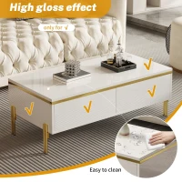 Modern High-Gloss Coffee Table with Hidden Dual Drawers, Stain-Resistant Center Table with Metal Legs, 39.5'' L x 19.5'' W x 14'' H, White(m-6)
