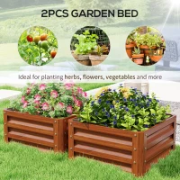 Outsunny Galvanized Raised Garden Beds, Outdoor Planter Box, Set of 2, for Flowers, Herbs and Vegetables, Dark Brown Wood Effect(m-4)