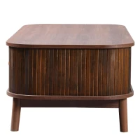 Rattan Coffee Table with Woven Drawers and Unique Sliding Cabinet Doors, Sliding Door Center table with Slatted Base, 43.5'' L x 21.5'' W x 15'' H, Wood(m-11)