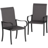Outsunny Set of 2 Outdoor Wicker Dining Chairs with Armrest, Steel Frame, High Back and Deep Seating, Brown(m-10)