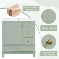Stylish Bathroom Vanity with Easy-Clean Ceramic Sink, Ideal Cabinet for Modern Bathrooms, 30" L x 18.5" W x 33.5" H, Light Green(m-7)
