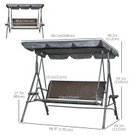 Outsunny 3-Seat Patio Swing Chair, Outdoor Canopy Swing Glider with Adjustable Shade, Rattan Seat and Steel Frame, for Porch, Garden, Poolside, Dark Grey(m-3)