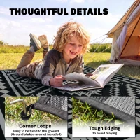 Outsunny Reversible Outdoor Rug, Waterproof Plastic Straw with Carry Bag, 9' x 18', Black & Gray Square Patchwork(m-6)