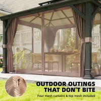 Outsunny 10' x 12' Hardtop Gazebo Canopy with Double PC Roof, Steel Permanent Outdoor Gazebo with Curtains and Netting, Khaki(m-7)