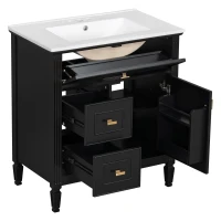 Spacious Vanity with Tip-Out Top Drawer and 2 Left-Side Drawers, Ideal Cabinet for Small-To-Medium Bathrooms, 30" L x 18.5" W x 33.5" H, Black(m-15)