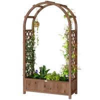 Outsunny Raised Garden Bed with Arch Trellis, Freestanding Garden Planter Box, Outdoor Planter Container, Dark Brown Wood Effect(m-2)