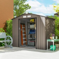 Outsunny 7' x 4' x 6' Garden Storage Shed Outdoor Patio Metal Tool Storage House w/ Foundation Kit and Double Doors Brown(m-10)