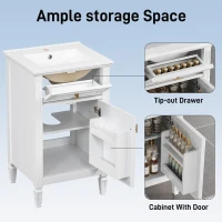 Functional Bathroom Vanity with Ceramic Sink and Tip-Out Top Drawer, Perfect Cabinet for Compact Bathrooms, 20" L x 18.5" W x 33.5" H, White(m-8)