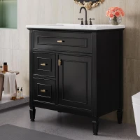 Spacious Vanity with Tip-Out Top Drawer and 2 Left-Side Drawers, Ideal Cabinet for Small-To-Medium Bathrooms, 30" L x 18.5" W x 33.5" H, Black(m-1)