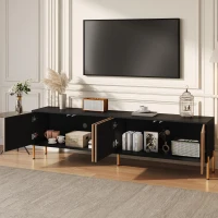 Modern TV Cabinet with Spacious Fully Enclosed Media Storage, Handle-Free 4-Door TV Stand with Slim Metal Legs, 70.5'' L x 14'' W x 21'' H, Black(m-8)
