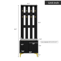 Coat Rack and Shoe Bench Set with Cushioned Seat and Adjustable Shelves, Entry Storage Unit with Wave-Panel Doors, 21.5'' L x 14'' W x 68.5'' H, Black(m-3)
