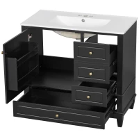 Spacious Bathroom Vanity with 3 Drawers and One-Door Cabinet, Freestanding Cabinet for Small Bathrooms, 36" L x 18.5" W x 33.5" H, Black(m-15)