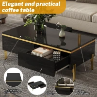 Modern High-Gloss Coffee Table with Hidden Dual Drawers, Stain-Resistant Center Table with Metal Legs, 39.5'' L x 19.5'' W x 14'' H, Black(m-4)