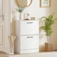 HOMCOM Shoe Cabinet 2 Flip Drawers Narrow Shoe Storage Unit Adjustable Dividers Entryway Hallway White(m-7)