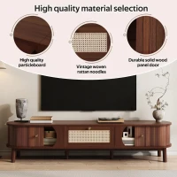 Rattan TV Cabinet with MDF Body and Solid Wood Legs, Bamboo Slat TV Stand with Sliding Door, 67'' L x 15.5'' W x 15'' H, Wood(m-5)