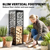 Outsunny 15 Inch Firewood Rack Outdoor Indoor, Cutout Galvanized Steel Firewood Holder with Hooks, Adjustable Pads, Black(m-6)