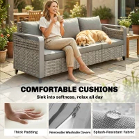 Outsunny Rattan Wicker Sofa 3-Seater Outdoor Couch with Cushions for Patio Garden Grey(m-7)