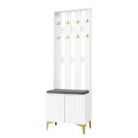 Coat Rack and Shoe Bench Set with Cushioned Seat and Adjustable Shelves, Entry Storage Unit with Wave-Panel Doors, 21.5'' L x 14'' W x 68.5'' H, White(m-11)