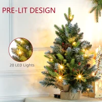 HOMCOM Set of 2 2ft Pre-Lit Artificial Christmas Trees with 20 Warm White Lights and 141 Tips, Burlap Base, Xmas Tree, Green(m-4)