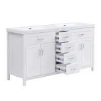 Double Sink Bathroom Vanity with Integrated Resin Sinks, 4-Drawer Storage Vanity for Modern Bathrooms, 59'' L x 19.5'' W x 33.5'' H, White(m-15)