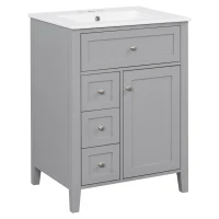 Sleek Bathroom Vanity with Tip-Out Top Drawer and 3 Pull-Out Drawers, Stylish Cabinet with Freestanding Design, 24" L x 18.5" W x 34" H, Gray(m-13)